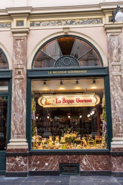Brussels, Belgium - March 25, 2022: Shop window in galeries St. Hubert with chocolate and candy treats downtown Brussels in Belgium