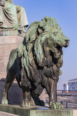 Brussels, Belgium - March 25, 2022: Closeup Lion of Congress Column downtown Brussels capital city of Belgium