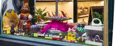 Brussels, Belgium - March 25, 2022: Shop window in galeries St. Hubert with chocolate and candy treats downtown Brussels in Belgium