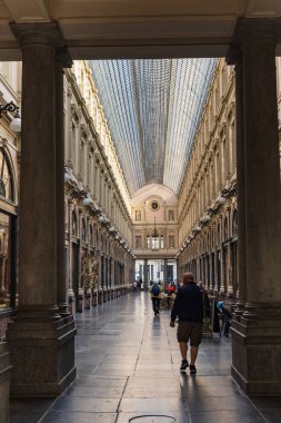 Brussels, Belgium - March 25, 2022: Shopping arcades galeries St. Hubert with chocolate and candy shops and restaurants downtown Brussels in Belgium