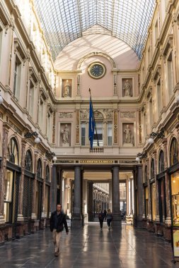 Brussels, Belgium - March 25, 2022: Shopping arcades galeries St. Hubert with chocolate and candy shops and restaurants downtown Brussels in Belgium