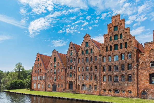 Cityscape with ancient building row of buildings called Salzspeicher in Lubeck in schleswig-holstein in northern Germany