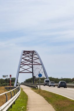 Domtiz, Germany - August 2, 2022: Memorial sign and bridge along the former inner-German border in Domitz in Germany in remembrance of the German devision in East and West Germany
