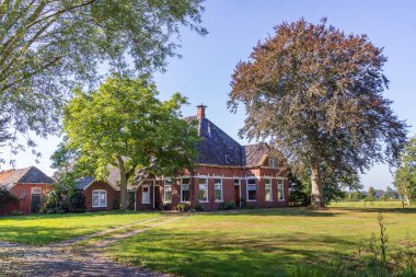 Traditional Ducth farm surroundedby old trees in de Holm Niebert municipality Westerkwartier in Groningen province the Netherlands