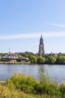 Skyline of Rhenen with Cunerakerk and restaurant Province of Utrecht. The Lower Rhine is very narrow with extremely low water as result of the hit wave in the summer of 2022
