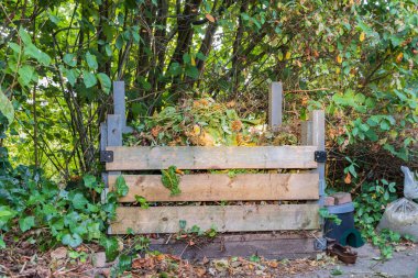 Ede Gelderland, Hollanda 'daki güneşli bahçede gübre yığını.