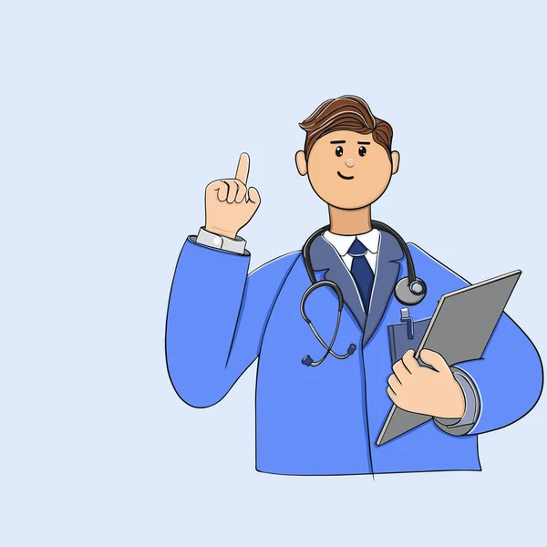Médecin homme avec un stéthoscope et dans un manteau de travail avec un doigt levé vers le haut l'attention dans une position debout vecteur illustration — Image vectorielle