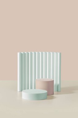 Ürün sunumu için podyumlarla soyut bir arkaplan. Bej arka plan. Boşluğu kopyala.