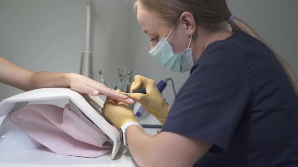 Serviços de extensão de unhas. Manicure faz manicure Gel extensão unha — Vídeo de Stock