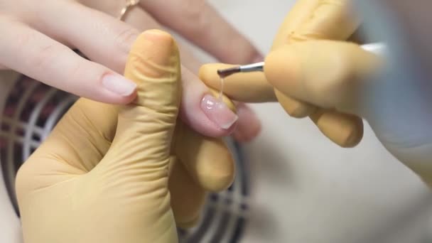 Manicurist i latexhandskar applicerar ett transparent lager på naglarna — Stockvideo