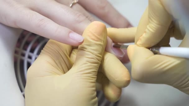 Manicurista in guanti di lattice applica uno strato trasparente alle unghie — Video Stock