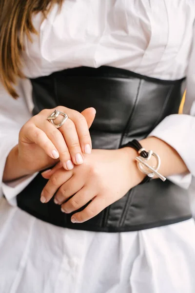 Women Hands Silver Dress Background Black Corset Beauty — Stock Photo, Image