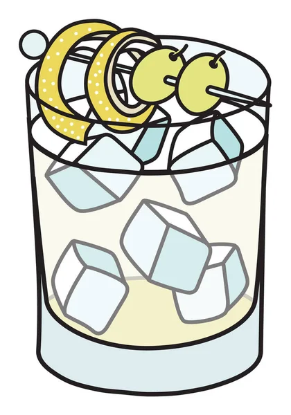 VENTO clásico cóctel New Era en una taza de ídolo típico. Grappa y manzanilla bebida de base cordial decorada con limón torcedura y uvas blancas. Elegante dibujo animado doodle vector ilustración. — Archivo Imágenes Vectoriales