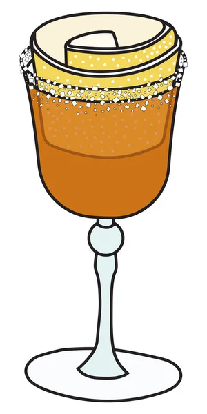 Brandy Crusta classico cocktail ufficiale in un bicchiere da ciabattino, categoria The Unforgettables. Bevanda alcolica all'arancia guarnita con scorza di limone e bordo zuccherato. Elegante illustrazione vettoriale del fumetto doodle — Vettoriale Stock