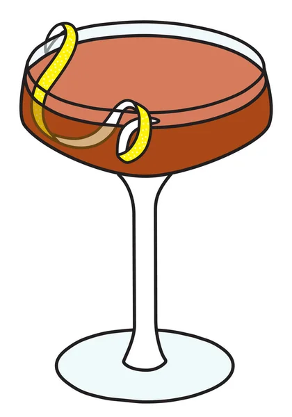 Martínez klassischer offizieller Cocktail im Glas, Kategorie The Unforgettables. Drink auf Gin-Basis, garniert mit Zitronenschale. Stilvolle Doodle-Zeichentrick-Vektor-Illustration — Stockvektor