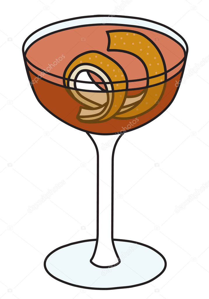 Hanky Panky classic official cocktail in a cope glass, The Unforgettables category. Gin based drink garnished with orange zest twist. Stylish doodle cartoon style vector illustration