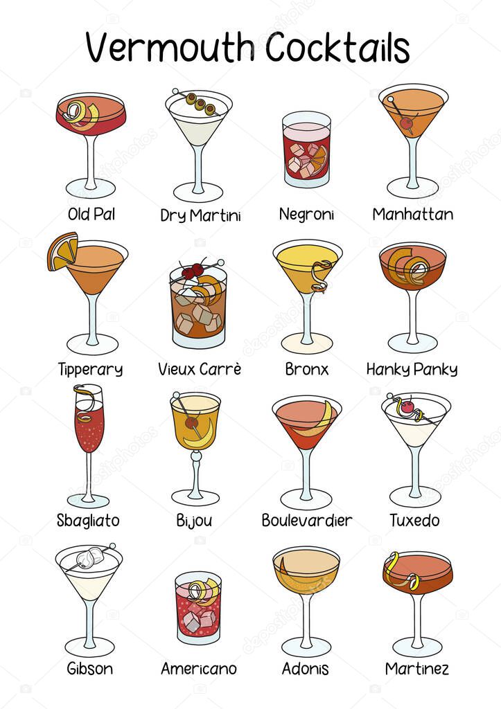 Collection set of classic famous vermouth based cocktail such as Negroni, Manhattan, Tuxedo, Americano, Dry Martini, Bronx etc. A4 A3 international paper size picture for posters, bar menu decoration