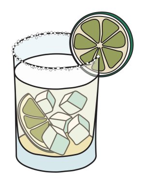 Tommys Margarita bardakta klasik New Era kokteyli. Tekila bazlı süslemeli limon dilimi ve tuzlu jant. Çizgi film karikatür çizimi kartlar ve menü dekorasyonu için iyidir