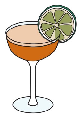 Bardakta çıplak ve ünlü klasik New Era kokteyli. Mezcal bazlı limonla süslenmiş içki. Karalama karikatürü çizimi kartlar, menü dekorasyonu veya posterler için iyidir