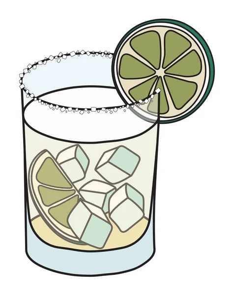 Tommys Margarita klassisk New Era cocktail i dricksglas. Tequilabaserad dryck garnerade skiva kalk och salt fälg. Snygg doodle tecknad vektor illustration bra för kort, menydekoration — Stock vektor