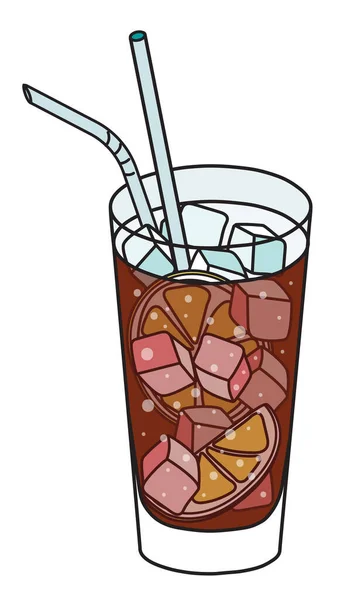 Kalimotxo atau calimocho cocktail dalam gelas highball. Anggur merah dan cola berbasis minuman Basque Spanyol disajikan di batu-batu yang dihiasi dengan lemon. Ilustrasi vektor kartun corat-coret gaya - Stok Vektor