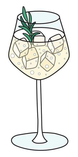 Saint Germain Spritz coquetel clássico em copo de vinho. Vinho espumante branco e spritzer à base de licor St-Germain ou bebida weinschorle servida com gelo. Elegante doodle desenho animado ilustração vetorial — Vetor de Stock