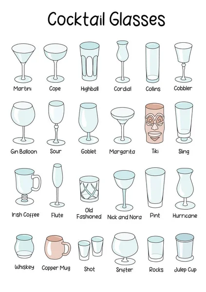 Коллекционный набор посуда для коктейлей. Цветные рисунки в стиле мультфильма векторные иллюстрации. Различные алкогольные коктейльные бокалы с высоким бокалом мартини маргарита старомодный выстрел. Стандартный размер бумаги A4 A3 — стоковый вектор