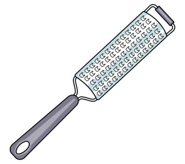 Baharatlı peynir rendesi restoran mutfak aksesuarı. El çizimi karikatür tarzı vektör görüntüsü. Restoran barı tasarımı, kokteyl yemek yapma süreci çizimi, yemek kitabı dekorasyonu.