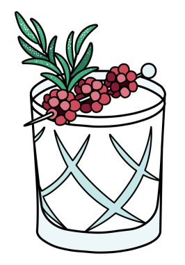 Biberiye ve ahududu ile süslenmiş kristal eski moda bardakta beyaz tatlı Noel kokteyli. Yeni yıl arifesi karalama karikatür tarzı vektör resmi. Web sitesi tasarımı, çıkartma, kart posteri için.