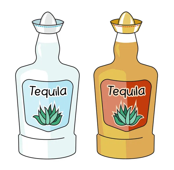 Clásico tequila mexicano de oro y plata en una botella. Dibujos animados Doodle estilo hipster ilustración vectorial aislado sobre fondo blanco. Bueno para tarjeta de fiesta, carteles, menú de bar o receta de libro de cocina de alcohol — Vector de stock