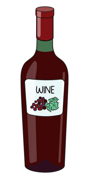 Rotwein in der Flasche. Doodle Cartoon Hipster-Stil Vektorillustration isoliert auf weißem Hintergrund. Gut für Party-Karten, Plakate, Bar-Menüs oder Alkohol-Kochbuch-Rezept — Stockvektor