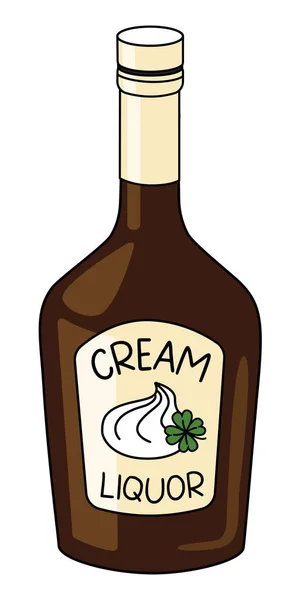 Irish Cream Sweet Liquor en una botella. Dibujos animados Doodle estilo hipster ilustración vectorial aislado sobre fondo blanco. Bueno para tarjeta de fiesta, carteles, menú de bar o receta de libro de cocina de alcohol — Vector de stock