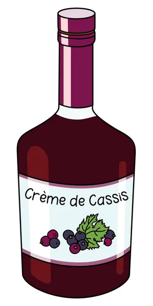 Creme de Cassis süßer französischer schwarzer Johannisbeerlikör in einer Flasche. Doodle Cartoon Hipster-Stil Vektorillustration isoliert auf weißem Hintergrund. Für Parteikarte, Poster, Bar-Menü oder Alkohol-Kochbuch. — Stockvektor