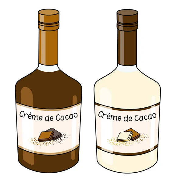 Bruna och vita söta franska Creme de Cacao choklad kakaolikörer i en flaska. Doodle tecknad hipster stil vektor illustration. För partykort, affischer, barmeny eller kokbok — Stock vektor