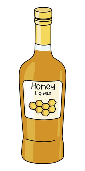 Licor de mel doce amarelo em uma garrafa. Doodle desenho animado estilo hipster ilustração vetorial isolado no fundo branco. Para cartão de festa, cartazes, menu de bar ou livro de cozinha de álcool. —  Vetores de Stock