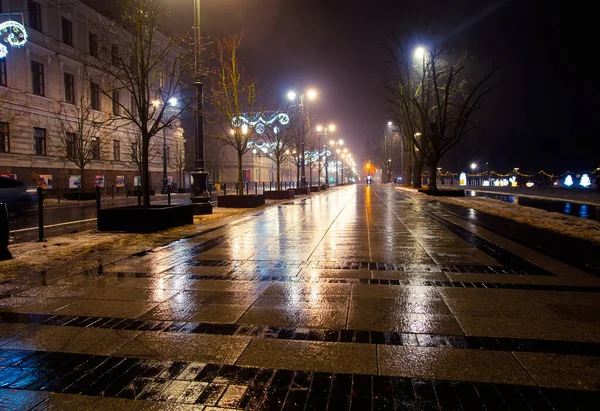 Vilnius Lithuania City Center Gediminas Avenue Street Illumination Wet Rainy — Stock Photo, Image