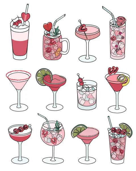 A collection set of pink cute Valentines day special cocktails such as Margarita, Martini, Clover Club, Russian Spring punch and other. Doodle cartoon style vector illustration isolated on white — стоковый вектор