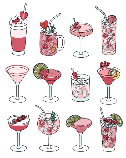 Margarita, Martini, Clover Club, Russian Spring Punch ve benzeri pembe sevgililer günü özel kokteyllerinden oluşan bir koleksiyon. Çizgi film stili vektör çizimi beyaza izole edildi