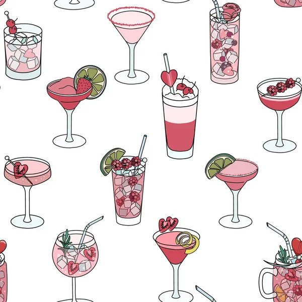 San Valentino rosa amore cocktail senza soluzione di continuità modello vettoriale illustrazione in stile cartoon doodle. Per deliziosi menu bar romantici o decorazione di siti web, confezioni regalo, biglietti di auguri o manifesti — Vettoriale Stock