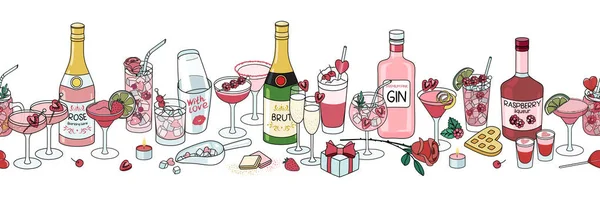 San Valentino cocktail senza cuciture ornamento modello linea. Bevande rosa amore in bicchieri, bottiglie di vino e liquori, guarnire e altri attributi romantici. Illustrazione vettoriale in stile cartoon doodle — Vettoriale Stock