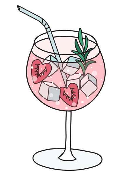Roztomilý romantický Valentýn růžový gin a tematický koktejl v balónovém skle zdobený jalovcem a jahod ve tvaru srdce. kreslený kreslený vektor ilustrace izolované na bílém pozadí — Stockový vektor