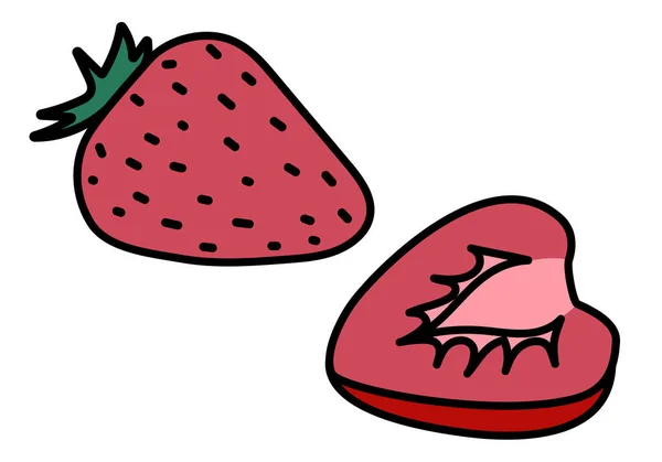 Un couple de fraises rouges roses en forme de coeur. Mignon romantique Saint Valentin dessin animé gribouillis illustration vectorielle de style hipster isolé sur blanc. Pour cartes de vœux, affiche ou invitation — Image vectorielle