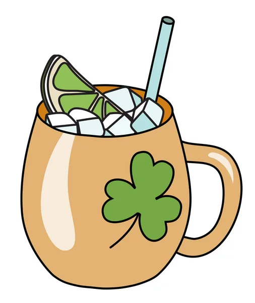 San Patrizio speciale cocktail irlandese Mosca mulo con calce in tazza di rame. Illustrazione vettoriale del fumetto Doodle isolata su sfondo bianco. Per biglietto di auguri, manifesto di festa, invito o adesivo — Vettoriale Stock