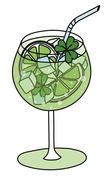 San Patrizio speciale cocktail tonico e gin con lime e trifoglio irlandese fortunato trifoglio foglie di trifoglio. Doodle fumetto vettoriale illustrazione isolato su sfondo bianco — Vettoriale Stock