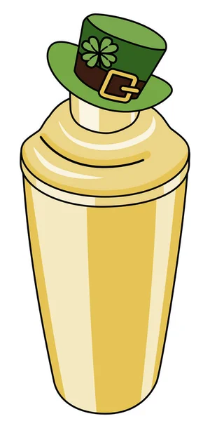 San Patrizio giorno dorato calzolaio shaker bar accessorio in cappello leprecauno verde. Doodle illustrazione stile cartone animato isolato su bianco. Per menu specifici cocktail bar, biglietto di auguri, poster. — Vettoriale Stock
