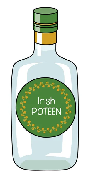 Tradizionale irlandese poitin aka poteen liquore di luna distillato forte alcol in una bottiglia. Illustrazione vettoriale del fumetto Doodle isolata su sfondo bianco. Per biglietti di auguri, adesivi o inviti — Vettoriale Stock
