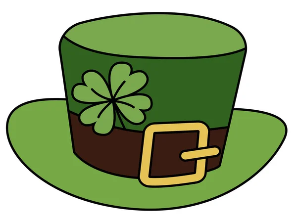 Cappello Leprechaun verde con trifoglio irlandese fortunato trifoglio trifoglio lasciare. San Patrizio giorno doodle cartone animato stile hipster vettoriale illustrazione isolato su bianco. — Vettoriale Stock