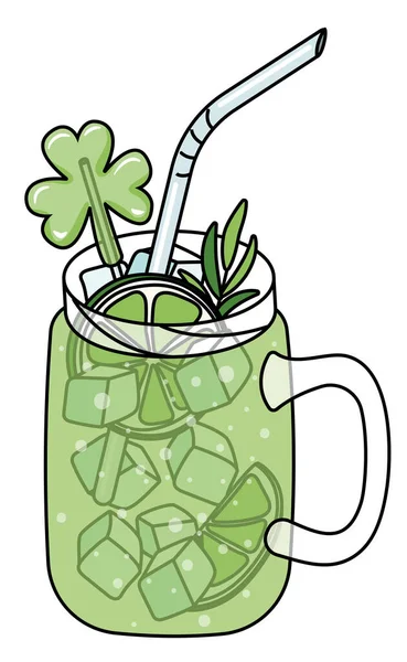 Saint Patricks Day special Lynchburg Lemonade cocktail mocktail with Irish trefoil shamrock clover leave lollipop and lime. Doodle cartoon vector illustration isolated on white background. — Stock Vector