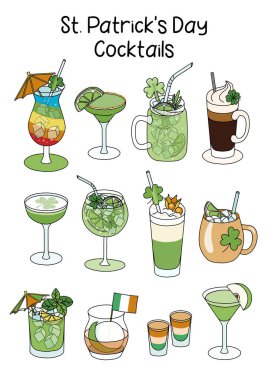 Saint Patricks Günü 'nün A4 poster koleksiyonu. Margarita, Martini, İrlanda Kahvesi, Old Fashioned ve diğerleri gibi özel yeşil kokteyller. İrlanda bayrağı, gökkuşağı ve yonca dekoru. Çizgi film stili.