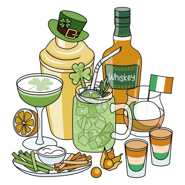 パトリック デーのカクテルは グラス レプション ハット シェーカー ウイスキーボトル 軽食や前菜 アイルランドの国旗とシャムロック クローバーの装飾など様々な飲み物で構成されています — ストックベクタ